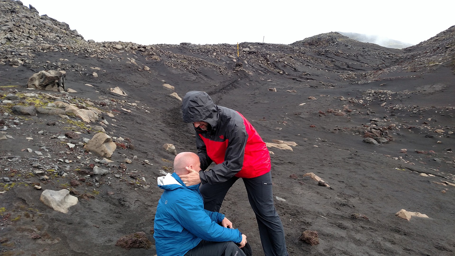 Dr Richards examining a neck in a volcano in Iceland. Eyjafjallajökull Volcano had erupted 5 years before Dr. Richards hiked it.