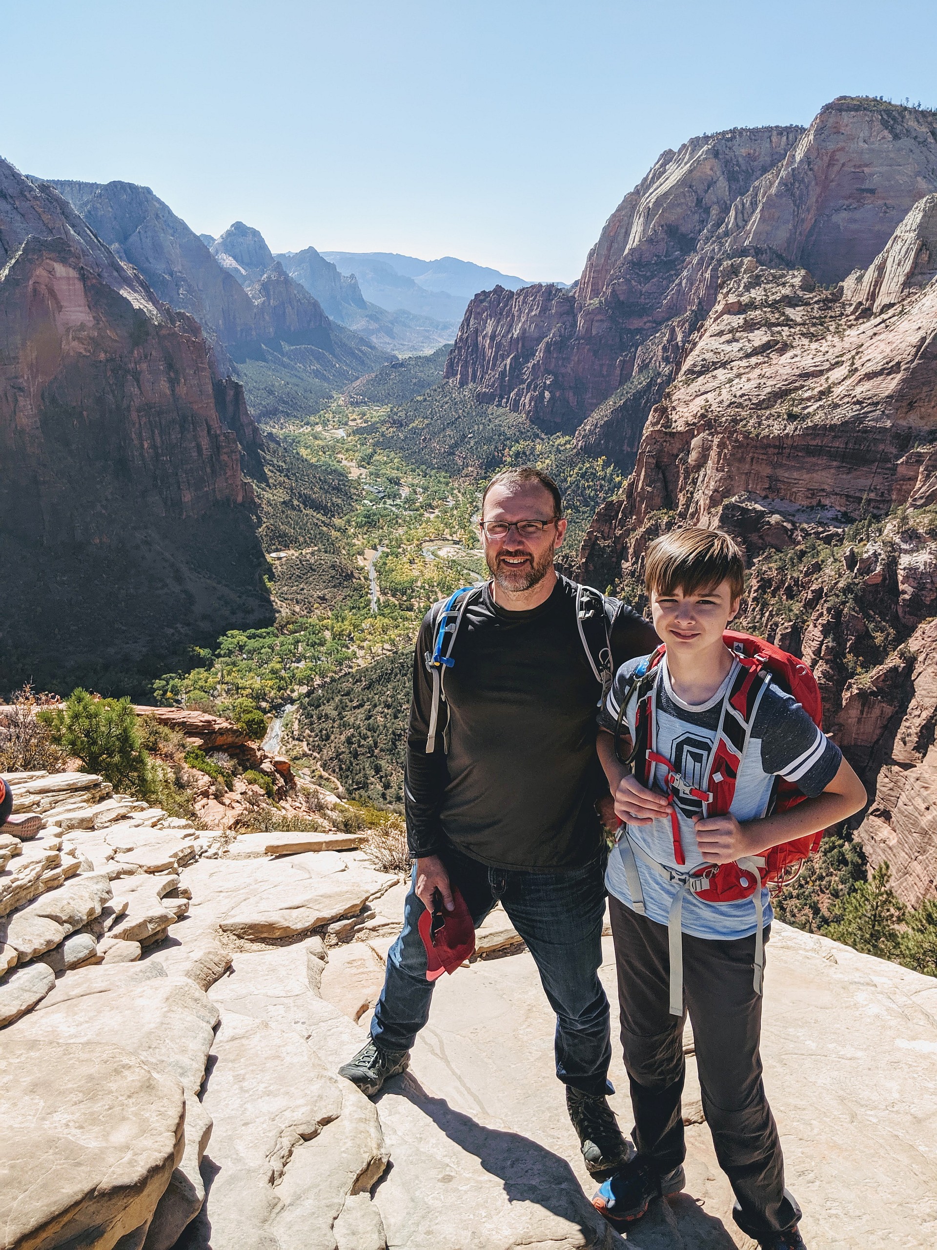 Dr Richards and son Ian atop Angel's Landing in Zion National Park in Utah.